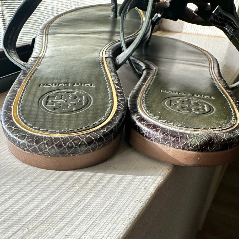 SOLD Tory Burch Miller Sandals Olive Green/Black Snakeskin Size 7.5 - Picture 8 of 9